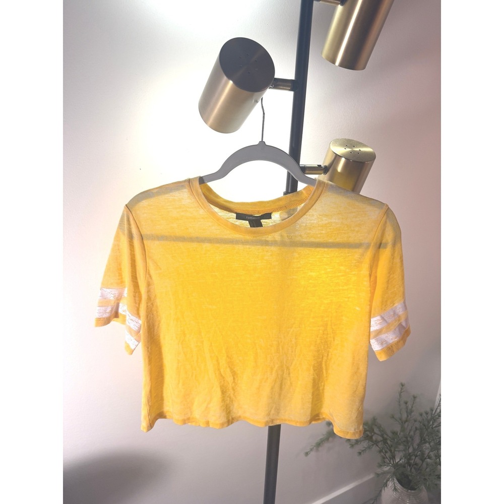 Forever 21 Yellow Burnout Crop Top Metallic Silver Stripe Sleeve Medium